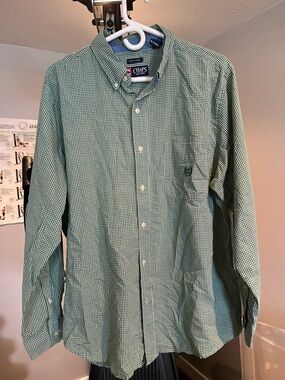 Chaps Men's Green White Micro-Check Button-Down Shirt